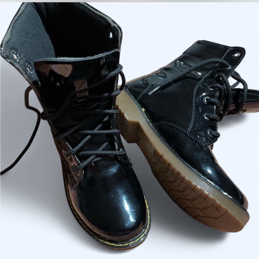 Glossy Black Combat Moto Boots with Mid-Calf Height